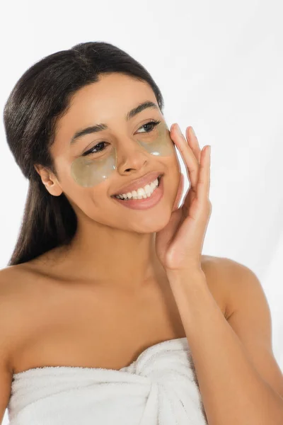 Young African American Woman Holding Hand Face Eye Patches White — Stock Photo, Image