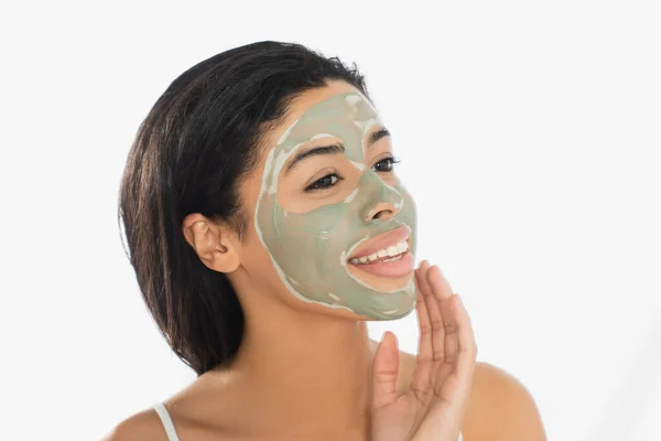Happy Young African American Woman Mud Mask Face Looking Away — Stock Photo, Image