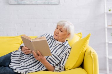 Evdeki kanepede uzanmış kitap okuyan son sınıf öğrencisi kadın. 