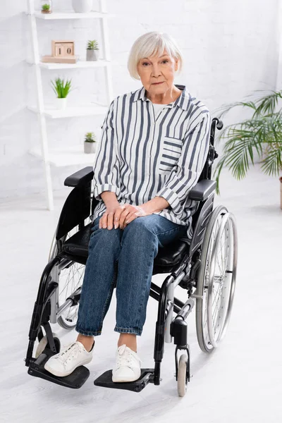 Äldre Kvinna Rullstol Tittar Kameran Hemma — Stockfoto