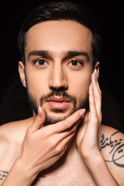 Female Hands Touching Face Shirtless Boyfriend Isolated Black — Stock Photo, Image