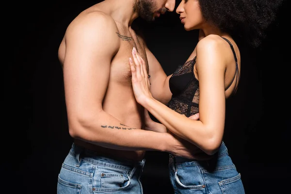 Cropped View African American Woman Touching Sexy Boyfriend Isolated Black — Stock Photo, Image