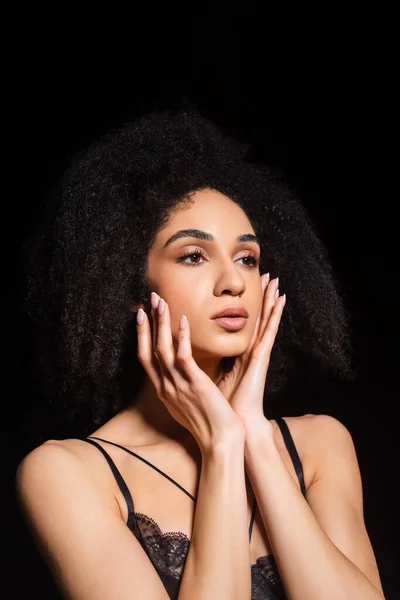 African American Woman Hands Face Isolated Black — Stock Photo, Image