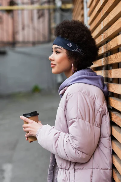 Side View African American Woman Bandana Jacket Holding Paper Cup — Stock Photo, Image