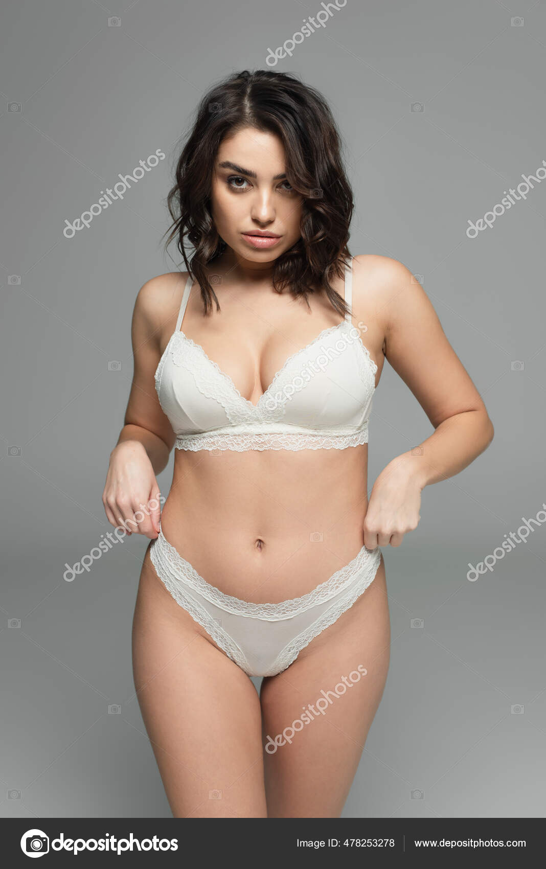 Brunette Woman Panties Bra Isolated Grey Stock Photo by ©IgorVetushko  478253278
