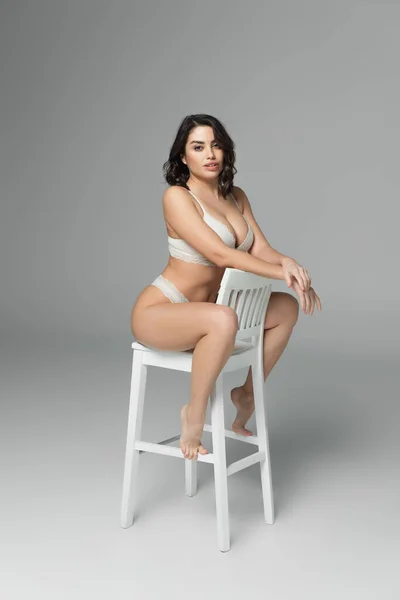 Gorgeous Woman Underwear Posing White Chair Grey Background — Stock Photo, Image