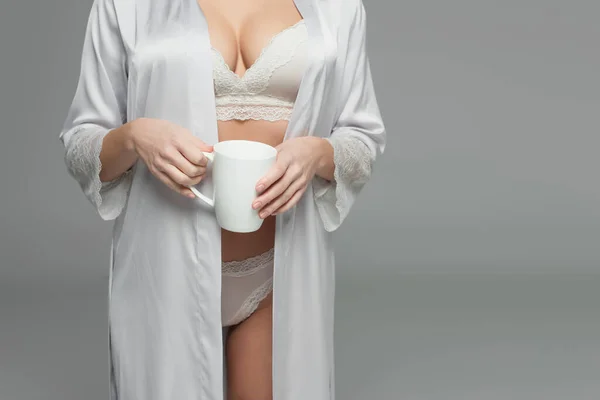 Cropped View Woman Underwear Satin Robe Holding White Cup Isolated — Stock Photo, Image