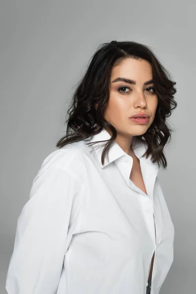 Portrait Woman White Shirt Isolated Grey — Stock Photo, Image