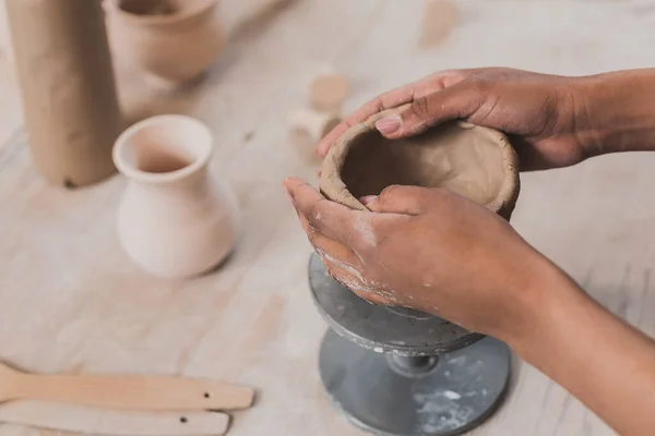Partial View Young African American Woman Sculpting Clay Pot Hands — Stock Photo, Image