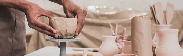 Partial View Young African American Man Sculpting Clay Pot Hands — Stock Photo, Image