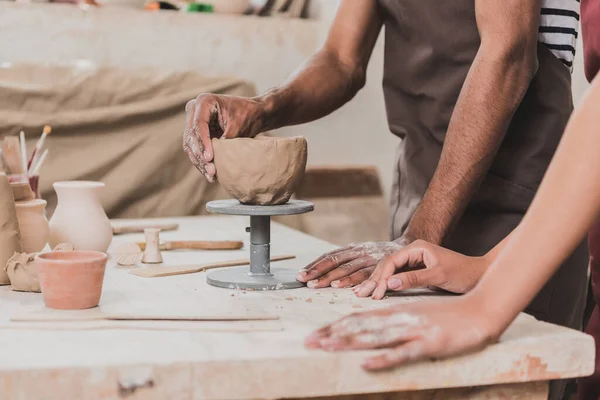 Partial View Young African American Couple Sculpting Clay Pot Hand — Stock Photo, Image