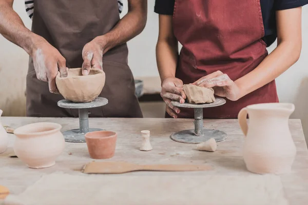 Partial View Young African American Couple Aprons Making Clay Pots — Stok fotoğraf