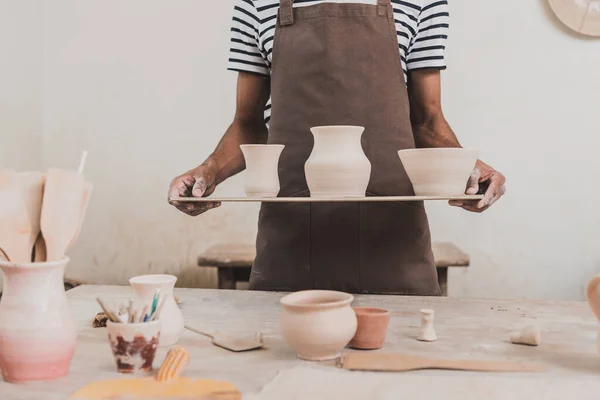 Partial View Young African American Man Standing Clay Pots Tray — Stock Photo, Image