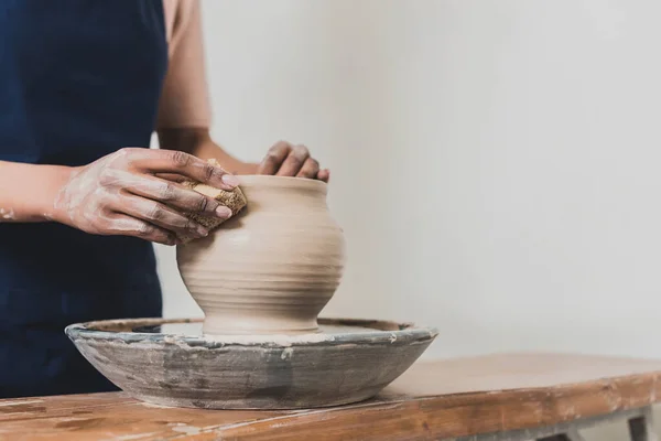 Partial View Young African American Woman Modeling Wet Clay Pot — Stock Photo, Image