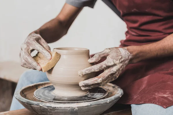 Partial View Young African American Man Modeling Wet Clay Pot — Stock Photo, Image