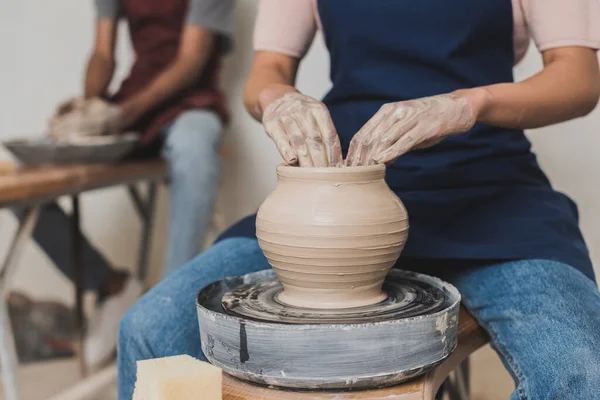 Partial View Young African American Couple Aprons Working Clay Pot — Stock Photo, Image