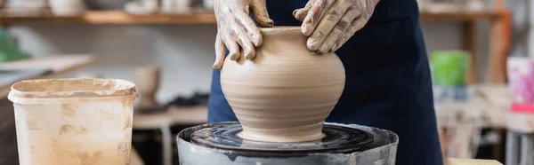 Partial View Young African American Woman Working Wet Clay Pot — Stok fotoğraf