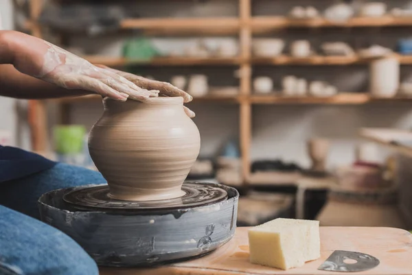 Close View Young African American Woman Working Wet Clay Pot — Stock Photo, Image