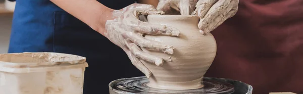 Partial View Young African American Couple Shaping Wet Clay Pot — Stock Photo, Image