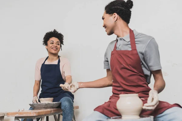 Cheerful Young African American Couple Holding Sponge While Making Wet — Stock Photo, Image