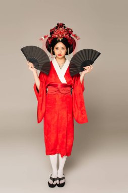 Asian woman in traditional clothes holding black fans on grey background  clipart
