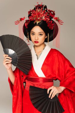 Young japanese woman with fans looking at camera isolated on grey  clipart