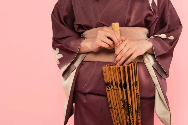 Cropped View Woman Kimono Holding Japanese Umbrella Isolated Pink — Stock Photo, Image