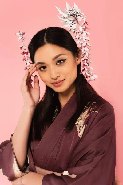 Asian Woman Hairsticks Hairdo Posing Isolated Pink — Stock Photo, Image