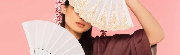 Young Woman Holding Oriental Fans Face Isolated Pink Banner — Stock Photo, Image