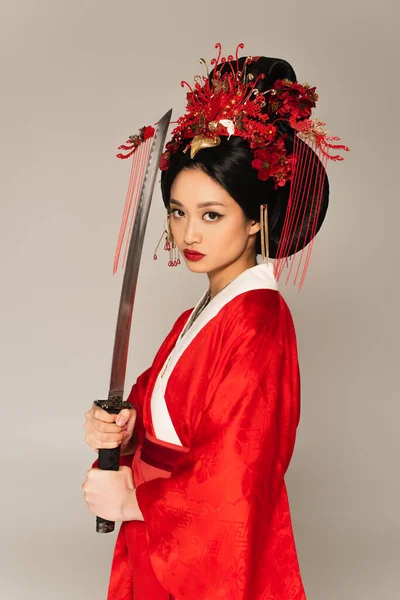 Asian Woman National Costume Holding Sword Isolated Grey — Stock Photo, Image