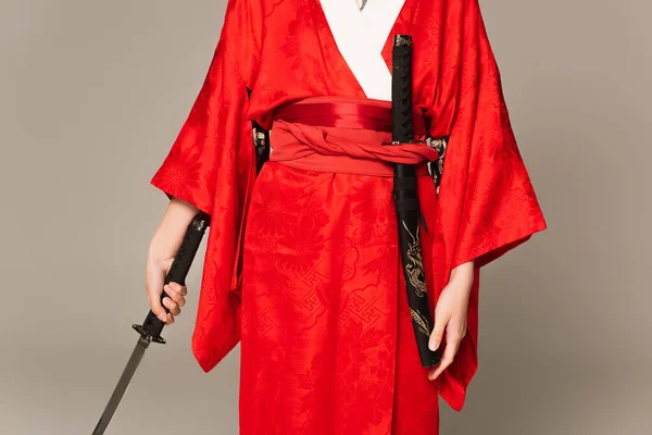 Cropped View Woman Kimono Holding Sword Isolated Grey — Stock Photo, Image