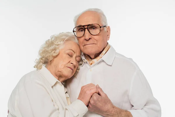 Elderly Couple Gently Hugging Holding Hands Isolated White — Stock Photo, Image