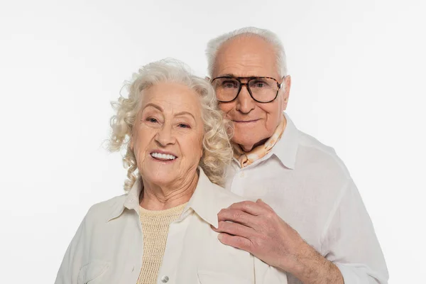 Smiling Elderly Couple Casual Clothes Looking Camera Isolated White — Stock Photo, Image