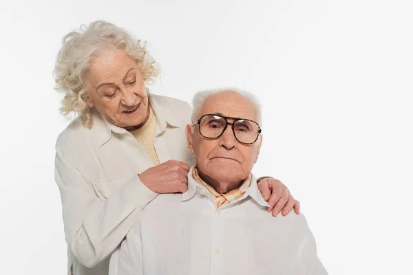 Elderly Woman Gently Hugging Looking Husband Isolated White — Stock Photo, Image