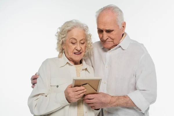 Elderly Couple Holding Photo Frame Hands Isolated White — Stock Photo, Image