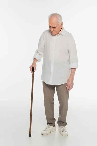 Upset Elderly Man Casual Clothes Standing Walking Stick White — Stock Photo, Image