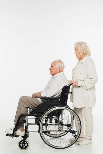 Side View Elderly Woman Rolling Husband Wheelchair White — Stock Photo, Image