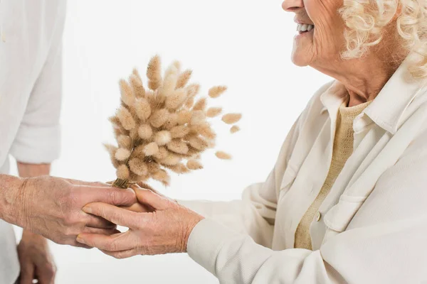 Partial View Elderly Man Presenting Dried Flowers Wife Isolated White — Stock Photo, Image