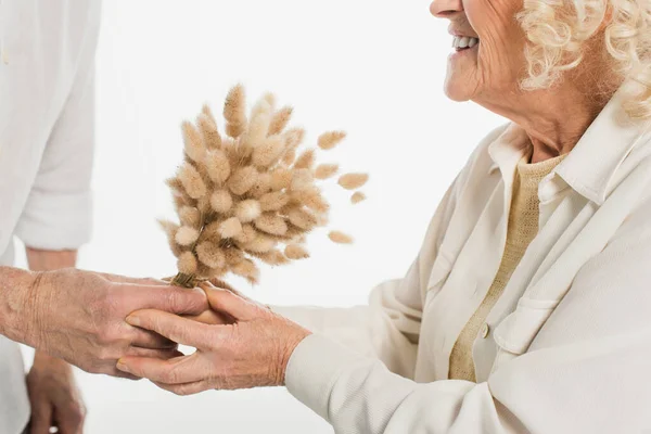 Visão Parcial Homem Idoso Apresentando Flores Secas Esposa Isolado Branco — Fotografia de Stock