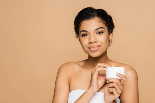 Smiling African American Woman Bare Shoulders Holding Container Cosmetic Cream — Stock Photo, Image
