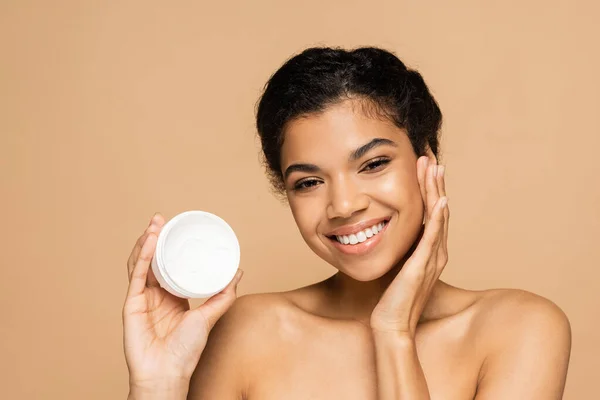 Positive African American Woman Bare Shoulders Holding Container Face Cream — Stock Photo, Image