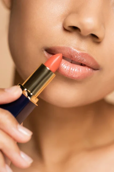Cropped View African American Woman Applying Lipstick Isolated Beige — Stock Photo, Image