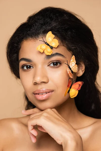 Young African American Woman Butterflies Face Looking Camera Isolated Beige — Stock Photo, Image