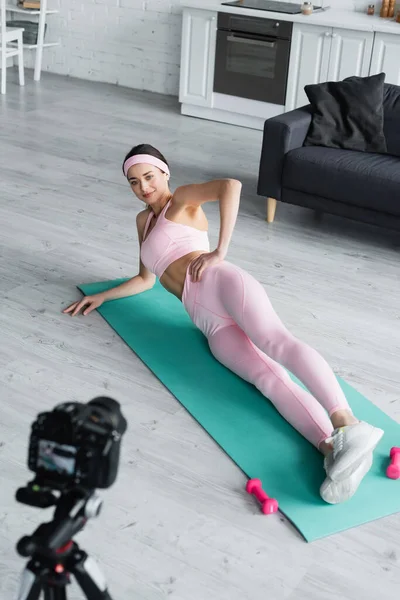 High Angle View Sportive Woman Recording Sports Lesson Blurred Digital — 图库照片
