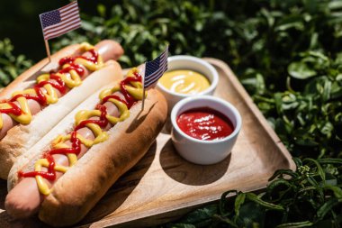 hot dogs with small usa flags near ketchup and mustard on wooden tray and green grass clipart