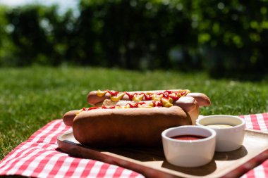 delicious hot dogs near bowls with sauces and plaid table napkin on green lawn clipart