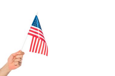cropped view of patriotic man holding flag of america isolated on white