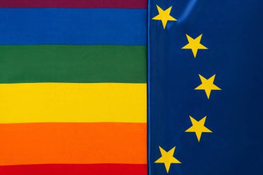 top view of european union and lgbt flags, equality rights concept