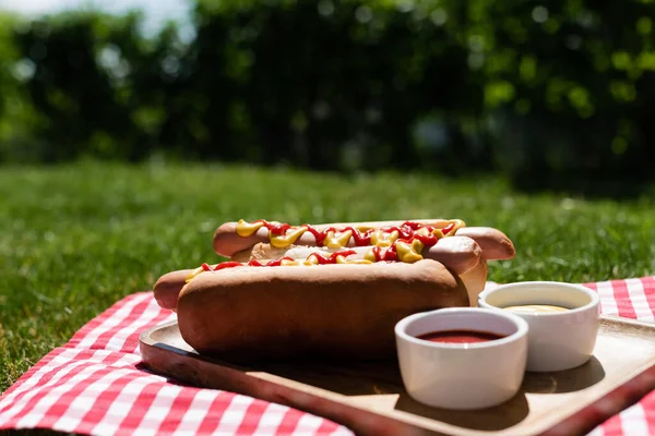 Deliziosi Hot Dog Vicino Ciotole Con Salse Tovagliolo Tavolo Plaid — Foto Stock