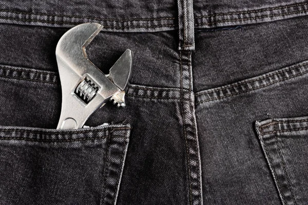 Top View Wrench Back Pocket Jeans Labor Day Concept — Stock Photo, Image